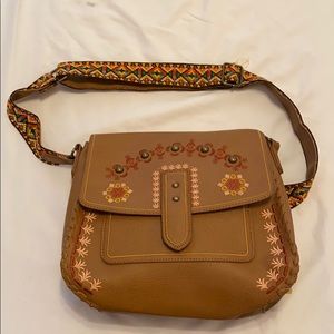 Brown embroidered leather shoulder bag